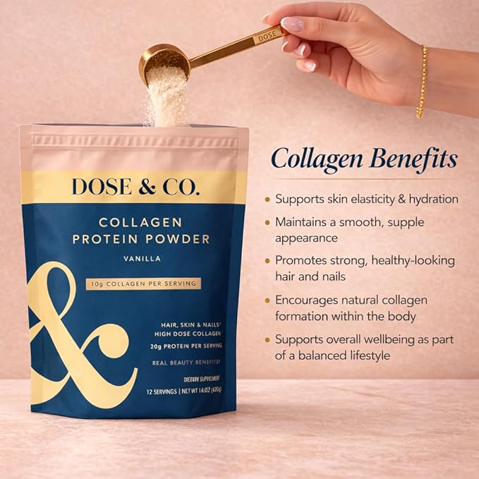 DOSE &amp CO. Collagen Protein Powder Vanilla 14.8 Oz | Hydrolyzed Type I &amp III Bovine Collagen with 20g Protein per Serving - Supports Muscle Recovery Hair Skin &amp Nails | Non-GMO &amp G