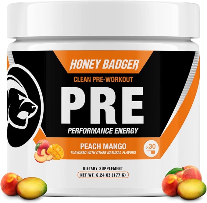 Honey Badger Pre Workout Powder Keto Vegan Preworkout for Men &amp Women Beta Alanine &amp Caffeine Sugar Free Natural Energy Supplement Peach Mango 30 Servings