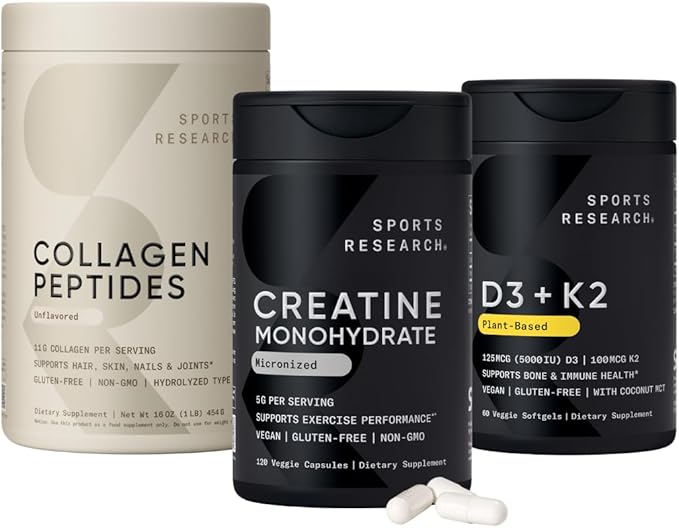 Sports Research® Health Pack - Creatine Monohydrate Powder + Collagen Peptides + Vegan Vitamin D 5000iu &amp Mk7 Vitamin K 100mcg