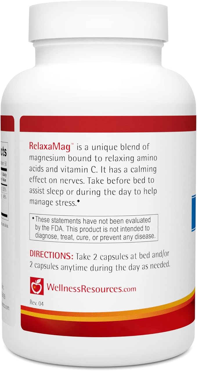 Wellness Resources RelaxaMag - with Magnesium Glycinate for Sleep Stress and Relaxation - High Potency 100mg Elemental Magnesium Per Capsule (100 Capsules)