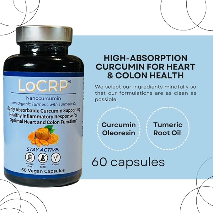LoCRP Nano-Absorb Curcumin &amp Turmeric Oil Capsules - Vegan Heart &amp Colon Support 60-Day Supply
