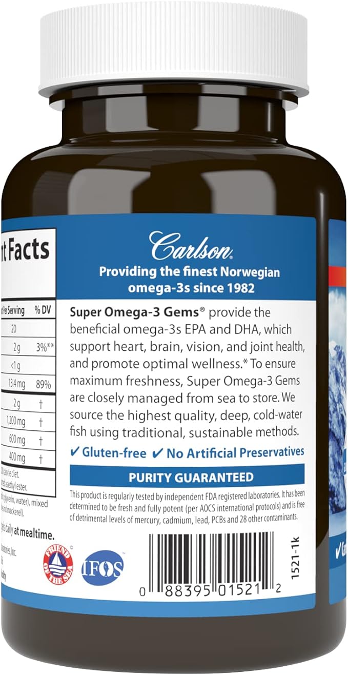 Carlson Super Omega-3 Gems Norwegian 1200 mg Omega-3s 100 Soft Gels