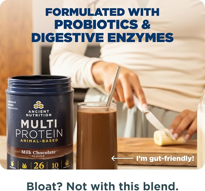Ancient Nutrition Multi Protein Animal Based Powder 26g Protein Grass Fed Whey Bone Broth Collagen Peptides Colostrum &amp Probiotics Supports Joint &amp Gut Health Milk Chocolate 15 Serving