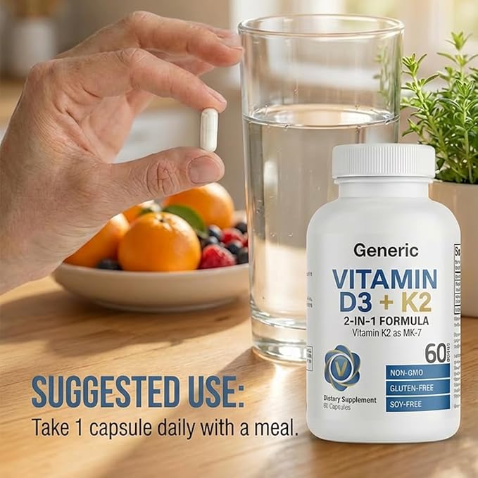 Vitamin D3 + K2 (MK-7) 5000 IU/100 mcg 2-in-1 Bone &amp Calcium Support Vegetarian Capsules Non-GMO Gluten-Free Soy-Free 60 Count