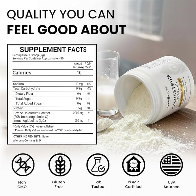 Colostrum Powder – 60g (30 Servings) Unflavored Bovine Colostrum Supplement Superfood for Hair Skin &amp Gut Health Gluten-Free Non-GMO