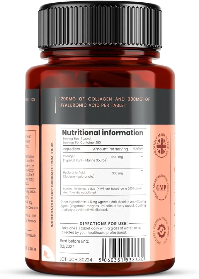 pureclinica UltraColl Collagen &amp Hyaluronic Acid 1500mg x 360 Tablets (2 Bottles of 180) - 1 Years Supply