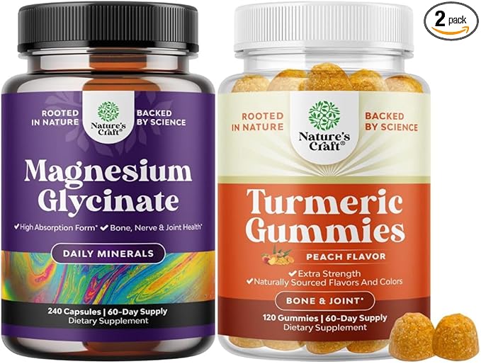 Bundle of High Absorption Magnesium Glycinate 500mg Per Serving - Calming Sleep Muscle Bone &amp Nerve Support and Turmeric Gummies for Joint Support with Turmeric Curcumin Black Pepper Extract &amp