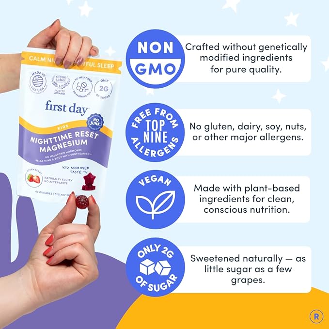FIRST DAY Kids Calming Magnesium (Strawberries) Multivitamin (Strawberry &amp Orange) &amp Brain Focus (Peach) Gummies | Daily Nutrients Mood &amp Focus | Clean Label Project Verified® | Vegan |