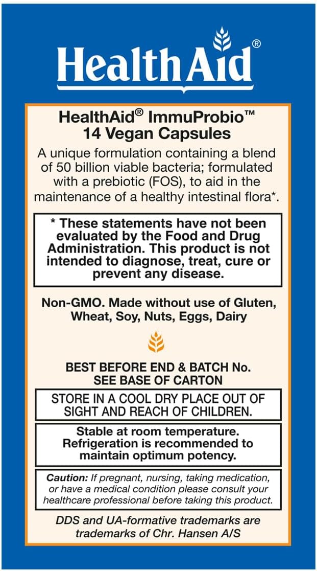HealthAid ImmuProbio – Once-Daily 50 Billion CFU Probiotic with Prebiotic Fiber (FOS) | 30 Strains Including DDS‑1 | Acid &amp Bile Resistant Room‑Temperature Stable Vegan – 14 Capsules