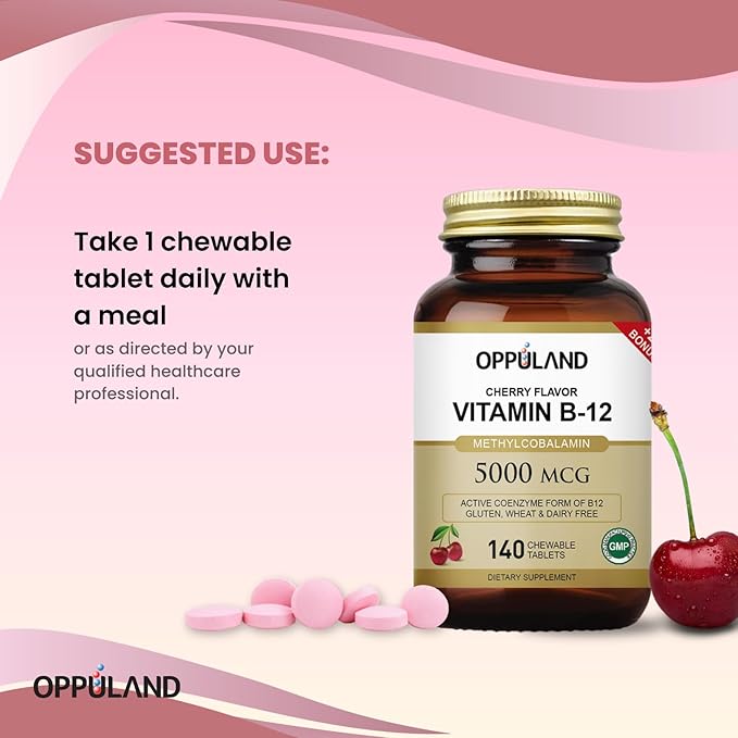 Methyl B-12 5000mcg Chewable with Folate - Vitamin B12 Methylcobalamin Sublingual Tablets - Supports Energy &amp Brain Function - Vegan Supplement - Cherry Flavor - 140 Count