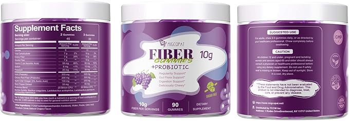 10G Fiber Gummies for Adults No Sugar Added Grape Flavor Fiber Supplement with 30 Billion CFU Probiotics Blend ACV Vitamin C Inulin Support Digestive Health 90 Count