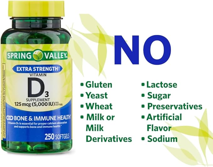 1 Pack Vitamin D3 Softgels Vitamin D3 125MCG 5000 IU 250 Count Includes +(Vitamin Guide)