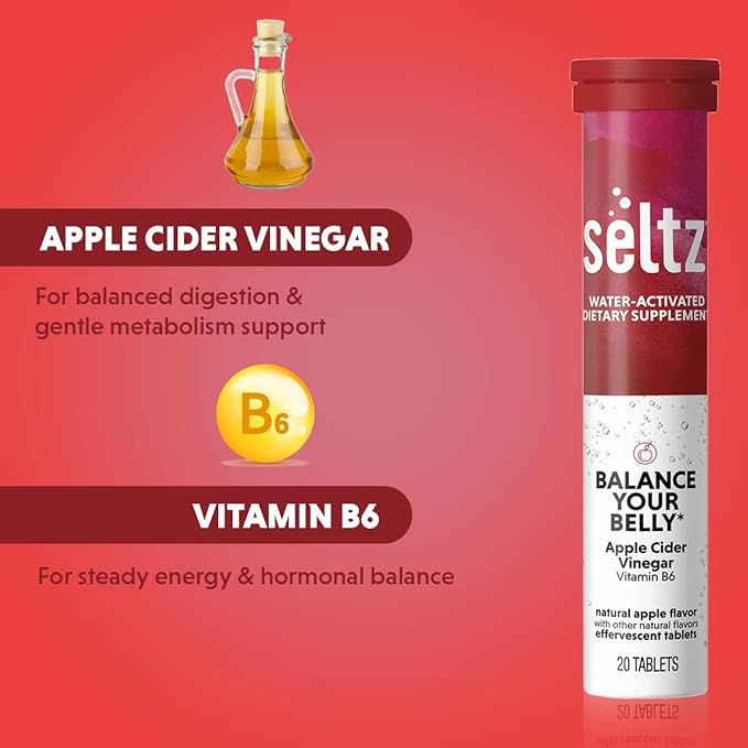 Seltz® Balance Your Belly – Effervescent Vitamins with Apple Cider Vinegar (1000 mg) &amp Vitamin B6 for Digestive Health Blood Sugar &amp Mood Support – Apple Flavor 20 Tablets (Pack of 6)