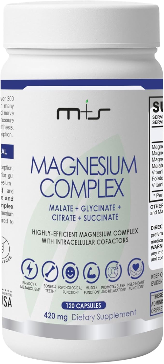 M+S Magnesium Complex – 420 mg of Magnesium Glycinate Magnesium Citrate Magnesium Malate Promotes Healthy Bones Supports Nerve and Muscle Functions – Fast Absorption Non-GMO Vegan