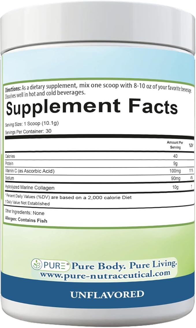 PURE® Hydrolyzed Marine Collagen Powder - 10g Collagen per Serving - 30 Servings Unflavored - with 100mg Vitamin C for Maximum Absorption - Skin Hair Nail &amp Joint Support - Non-GMO Made in USA