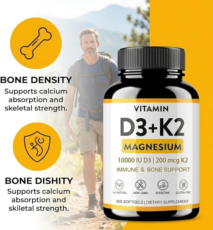 Vitamin D3 K2 Magnesium - Vitamin D3 10000 iu &amp K2（MK-7） 200 mcg+Magnesium Glycinate Supplement - Immune &amp Mood Support for Bone Sugar-Free Softgels 300 Softgels