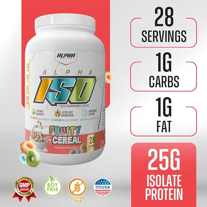 Alpha Supps ISO Low Carb 100% Whey Protein Isolate Powder 25 Grams Per Serving Helps Support Muscle Growth Low Sugar and Gluten Free (Fruity Cereal 2 lb)