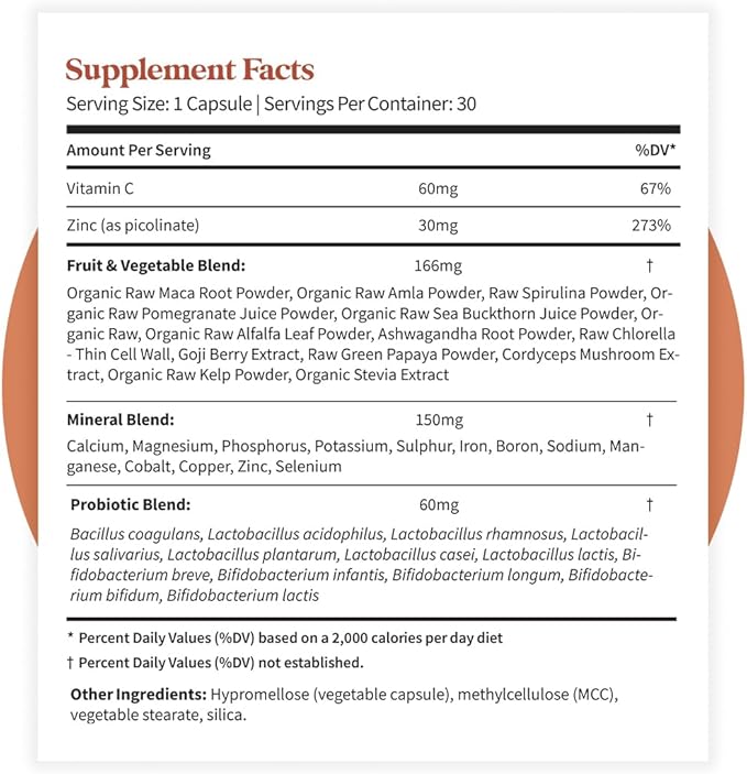 Pattern Wellness Zinc Complex – Supports Immune Skin &amp Digestive Health – High Absorption Zinc with Vitamin C Probiotics &amp Natural Blends – 30 Vegan Capsules