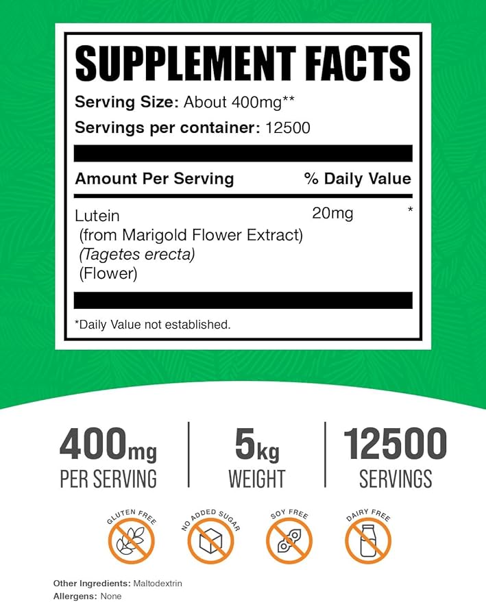 BulkSupplements.com Lutein Powder - from Marigold Flower Extract Lutein Supplement Lutein 20mg - Antioxidant Source Gluten Free 400mg per Serving 5kg (11 lbs) (Pack of 5)
