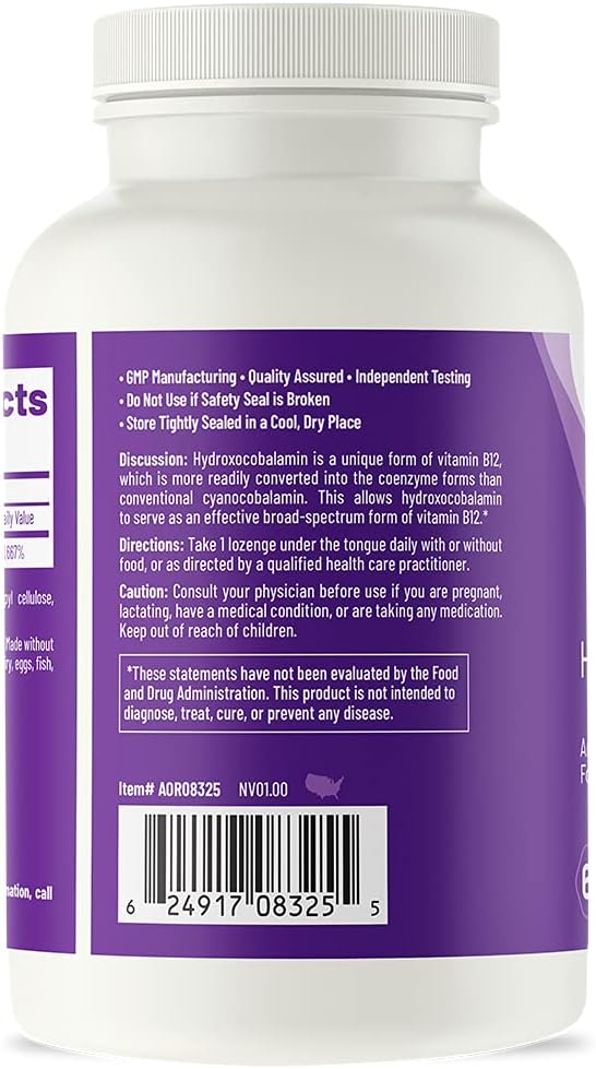 AOR Hydroxy B12 1000mcg 60 Lozenges 60-Day Supply Hydroxocobalamin for Daily Vitality Nervous System Support Vegan