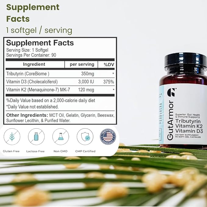 GutArmor Tributyrin Vitamin Complex 180 Softgels 350mg Butyrate with D3 3000IU &amp K2 120mcg Gut Health Support