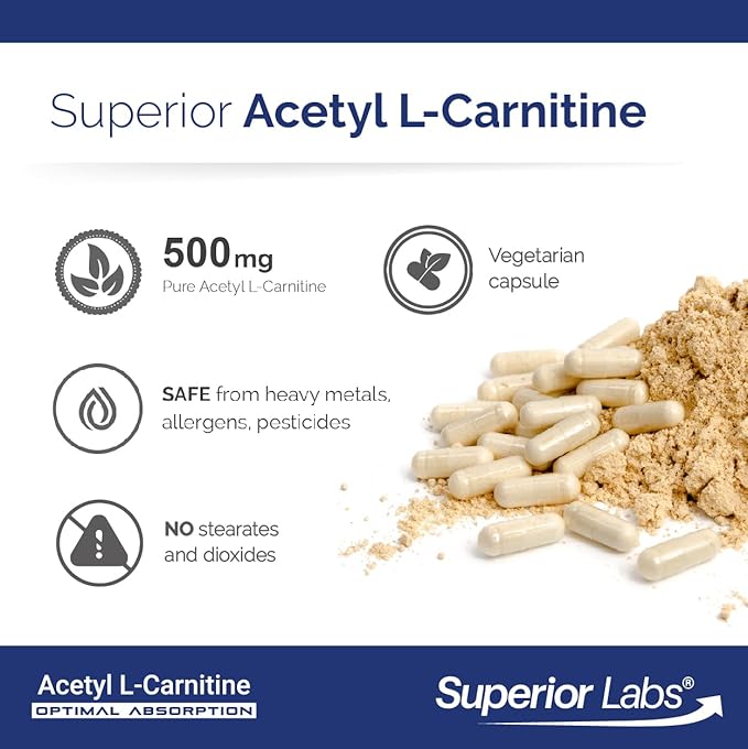 Superior Labs Acetyl L-Carnitine 500 mg High Potency ALCAR Pure Non-GMO Zero Synthetic Additives Maximum Absorption Energy &amp Fat Metabolism Brain Nerve &amp Cellular Detox Support (200 Ve