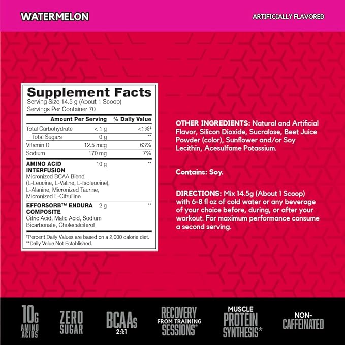 BSN Amino X Muscle Recovery &amp Endurance Powder BCAAs 10 Grams of Amino Acids Keto Friendly Caffeine-Free Support Endurance Zero Sugar Watermelon 70 servings 35.84 Ounce (Packaging May Var