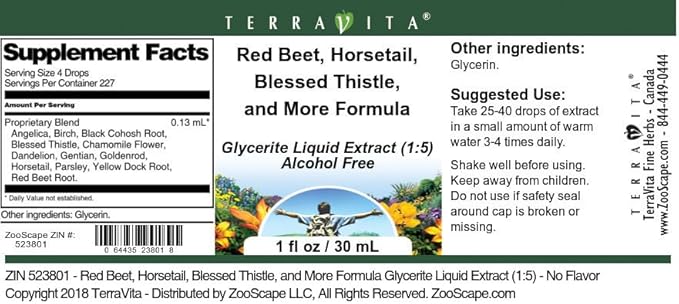 Terravita Red Beet Horsetail Blessed Thistle and More Formula Glycerite Liquid Extract (1:5) - No Flavor (1 oz ZIN: 523801)