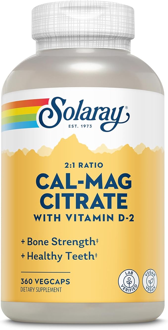 Solaray Calcium Magnesium Citrate 2:1 Ratio - Calcium Supplements for Women and Men w/Magnesium and Vitamin D 2 - Bone Health Muscle and Nerve Support - Vegan 60-Day Guarantee 60 Serv 360 VegCaps