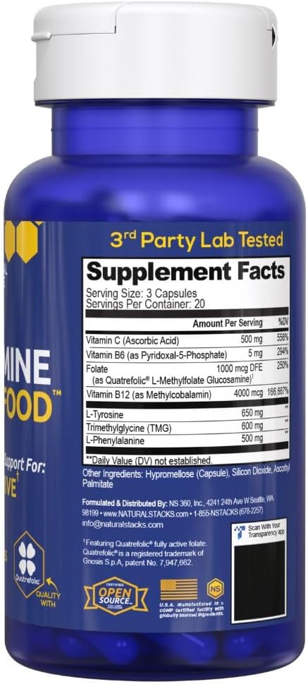 NATURAL STACKS Dopamine Brain Food - 650mg L-Tyrosine Supplement - Dopamine Supplement for Focus &amp Mental Drive - Supports Mental Energy - Neurotransmitter Support with B Vitamins - 60 Capsules