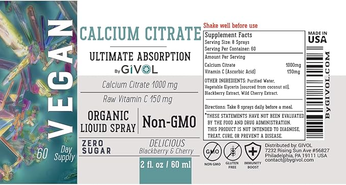 Liquid Calcium Citrate 1000mg &amp Raw Vitamin C 150mg Liquid Spray Mist for Optimal Absorption Wild Cherry &amp BlackBerry Flavor Calcium Supplement Non-GMO Gluten Free Sugar-Free 2oz (60ml)