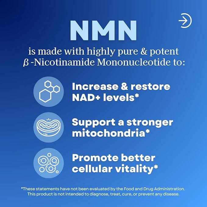 NMN 750mg Per Capsule - 99% Pure Nicotinamide Mononucleotide - Increased NAD+ Mitochondrial Function Healthy Aging Brain Health &amp Energy Support - 60 Capsules Non GMO Gluten Free Supplement