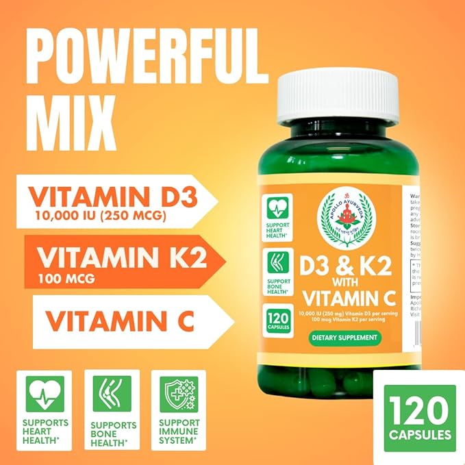 Vitamin D3 10000 IU &amp Vitamin K2 100 mcg with Vitamin C - 120 Capsules - Heart &amp Bone Support Capsule Supplemet - Non-GMO &amp Gluten Free Made in USA