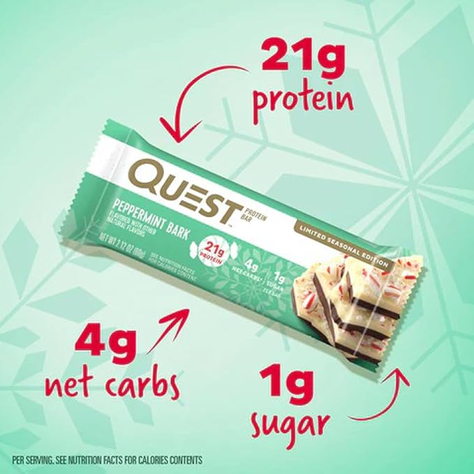 Quest Nutrition Peppermint Bark Protein Bar 21g Protein 4g Net Carb 1g Sugar Gluten Free &amp Apple Pie Protein Bar 20g Protein 4g Net Carbs 2g Sugar Gluten Free Keto Friendly