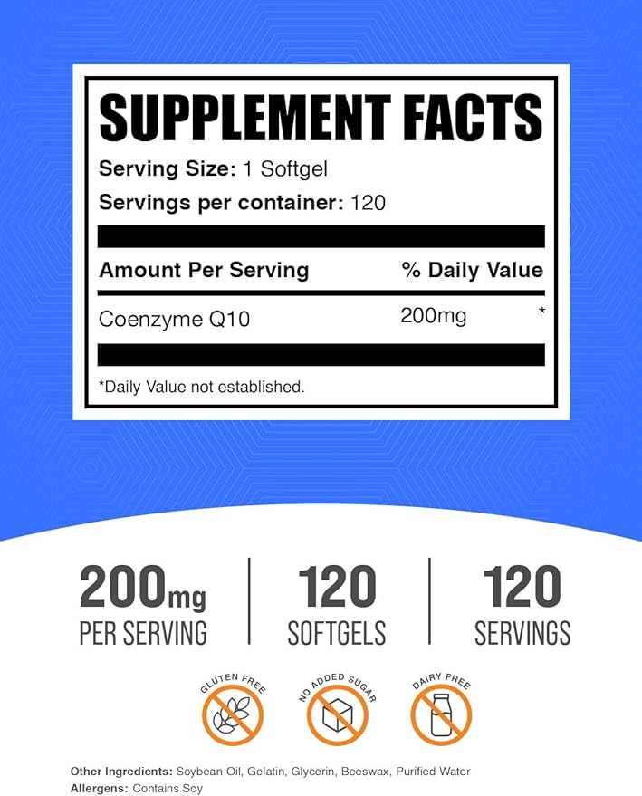 BulkSupplements.com CoQ10 200mg Softgels - for Heart Health Coenzyme Q10 200mg Supplement Gluten Free 1 Softgel per Serving 120 Count (Pack of 1)