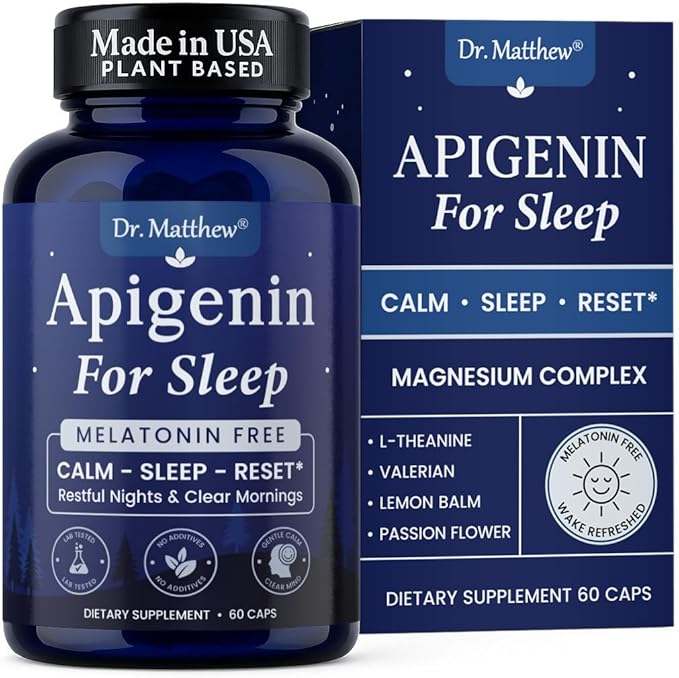 Apigenin Supplement for Sleep. Best Natural Sleep Aid Without Melatonin for Adults. With L-Theanine &amp Magnesium. Plant-Based Nighttime Support. Apigenina Suplemento.