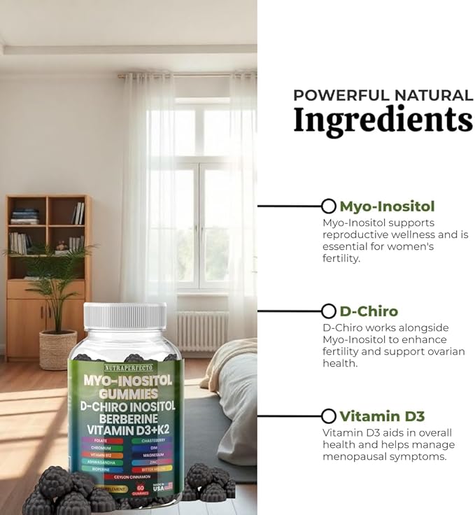 Sugar Free Myo-Inositol &amp D-Chiro Inositol Gummies for Women Berberine Vitamin D3 K2 DIM Magnesium Glycinate Oxide L-Methylfolate Supplement for Women Fertility Hormone Balance PMS Ovarian He