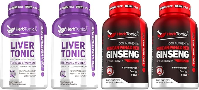 Herbtonics Liver Cleanse Detox &amp Repair Formula - 20+ Herbs: Milk Thistle Artichoke Extract Silymarin &amp Dandelion - Korean Red Panax Ginseng 1500mg - High Potency Ginseng for Energy for Men
