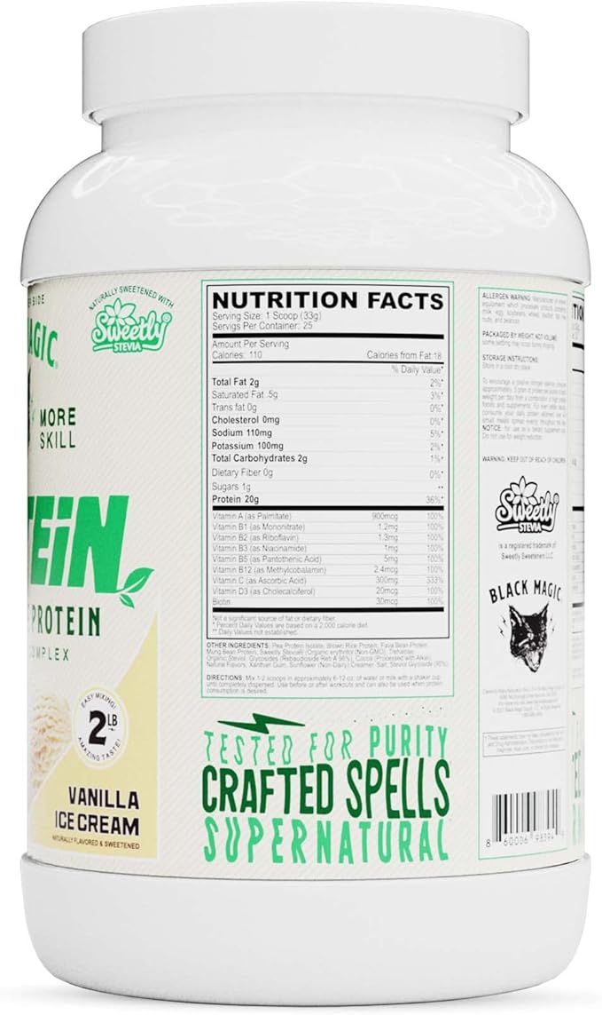 Black Magic Plant-Source 100% Vegan Protein - Keto Low Sugar Dairy Free Protein - Pre/Post Workout - Vanilla Ice Cream - 20g Protein - 2 LB