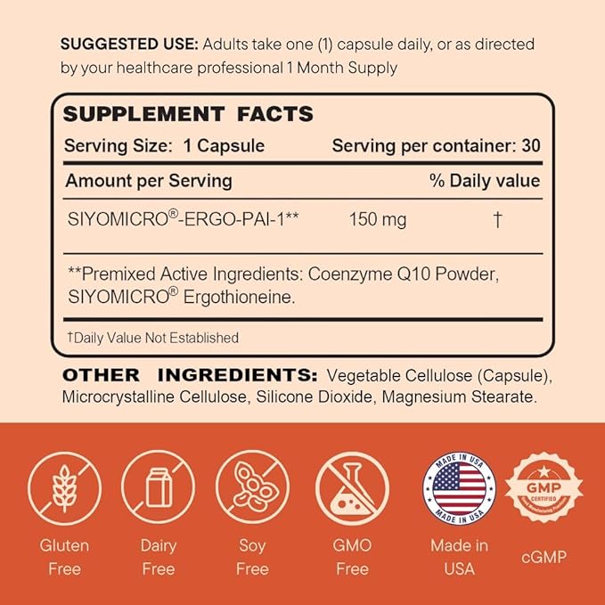 CoQ10 150mg Capsule with L-Ergothioneine - Enhanced Absorption Antioxidant for Heart Health &amp Energy Production Coenzyme Q10 Patented Dual-Soluble Formula 1 Month Supply Pack of 2 (2)