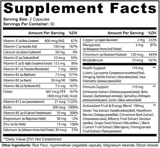 Complete Multivitamin + Immunity Boost 60 Capsules 3rd Party Tested Daily Supplement for Men Women Adults Gluten Free Non-GMO 30 Servings