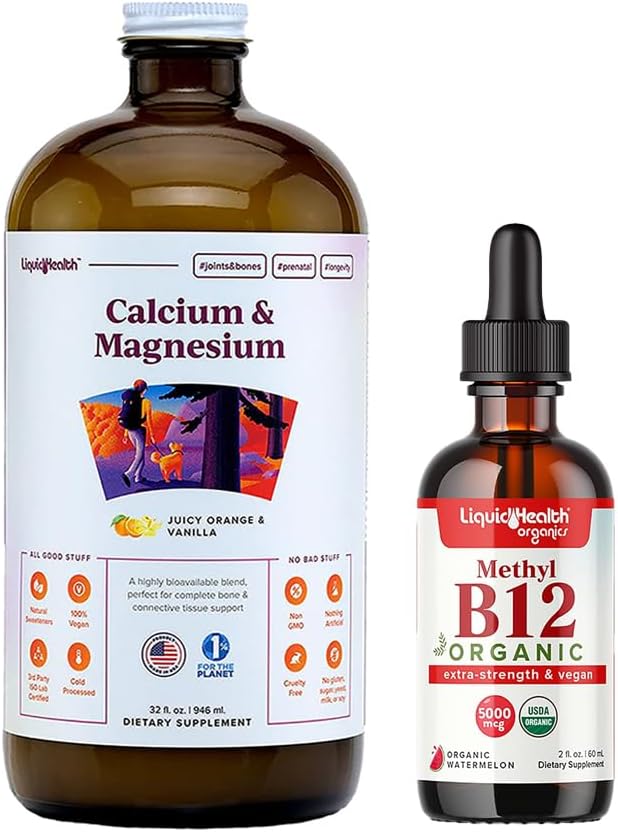 LIQUIDHEALTH Calcium and Magnesium Liquid Supplement &amp Organic Methyl B12 5000mcg Vitamin Drops with Tart Cherry Juice for Immune Support Natural Energy Boost Imroved Focus Bone &amp Joint Sup