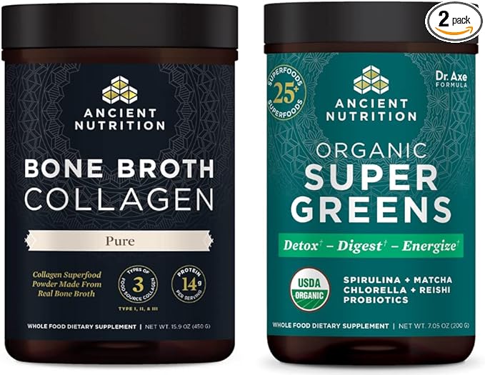 Ancient Nutrition Bone Broth Protein Powder Pure 20 Servings + Organic Supergreens Powder Greens Flavor 25 Servings