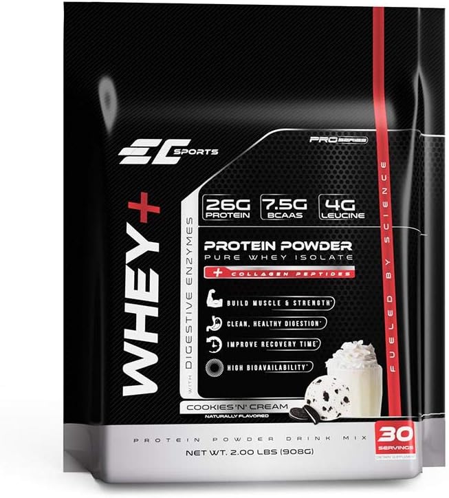 EC Sports Whey+ Protein Powder Cookies n Cream Drink Mix w/Digestive Enzymes - Isolate Supplement Collagen Peptides w/Faster Reform - 30 Servings