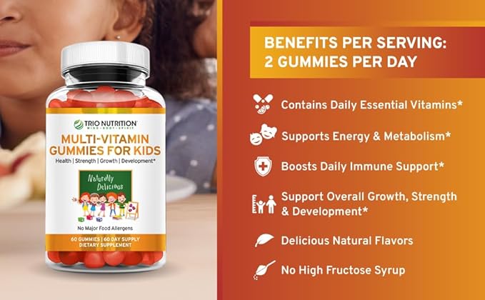 TRIO NUTRITION Premium Kids Multivitamin Gummies with Vitamin C &amp Zinc for Immune &amp Energy Support | Complete Daily Essential Vitamins to Grow Up Strong| Pectin Animal-Free Allergen-Free*