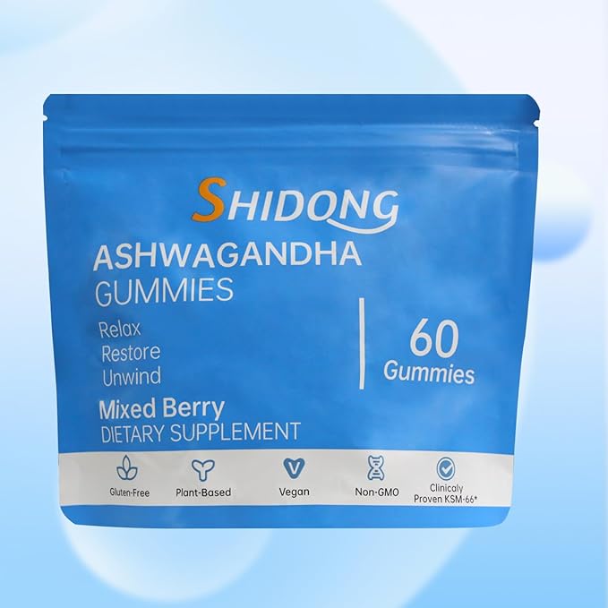 SHIDONG Ashwagandha &amp Vitamin D Gummy - 60 Count - Mixed Berry KSM-66 Plant Based Gluten-Free &amp Gelatin Free Relax. Restore. Unwind Pack of 1