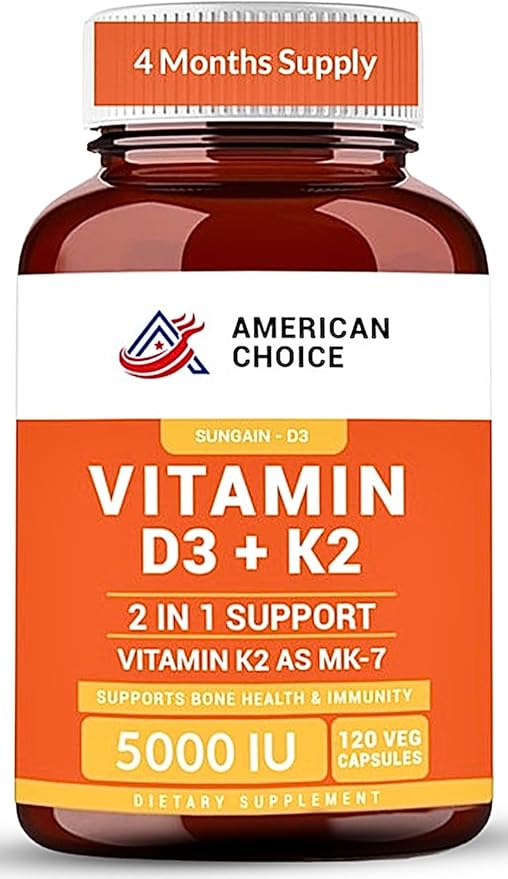 Vitamin D3 5000 IU – Enhanced Bone Heart &amp Immune Support – Supports Calcium Absorption Clean &amp Trusted Formula for Daily Wellness + Vitamin K2 (MK-7) 100 mcg – 120 Capsules