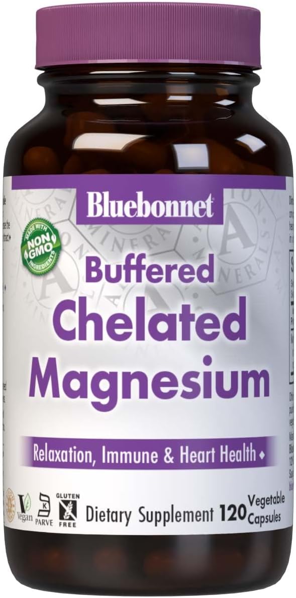Bluebonnet Nutrition Albion Buffered Chelated Magnesium 200 mg Magnesium Oxide Stress Relief Vegan Non GMO Gluten Free Soy Free Milk Free Kosher 120 Vegetable Capsules 2 Month Supply