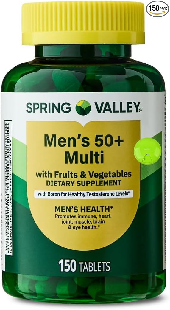 SUREFECT Spring Valley Men's 50+ Multivitamin - 150 Tablets - with Boron Lycopene &amp Superfood Blend - Supports Immune Heart Brain &amp Eye Health Support Organizer.