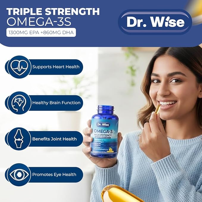 Dr. Wise Omega 3 Fish Oil 3600mg – 2160mg Omega-3 per Softgel (1300mg EPA 860mg DHA) – Triple Strength Once Daily – 90 Burpless Lemon Softgels – 3-Month Supply